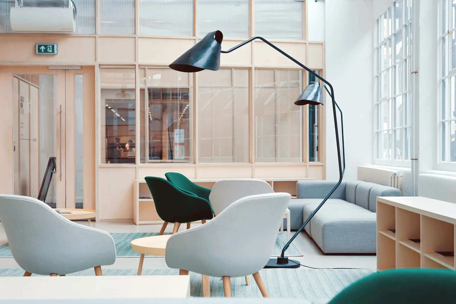A clean, bright shared workspace